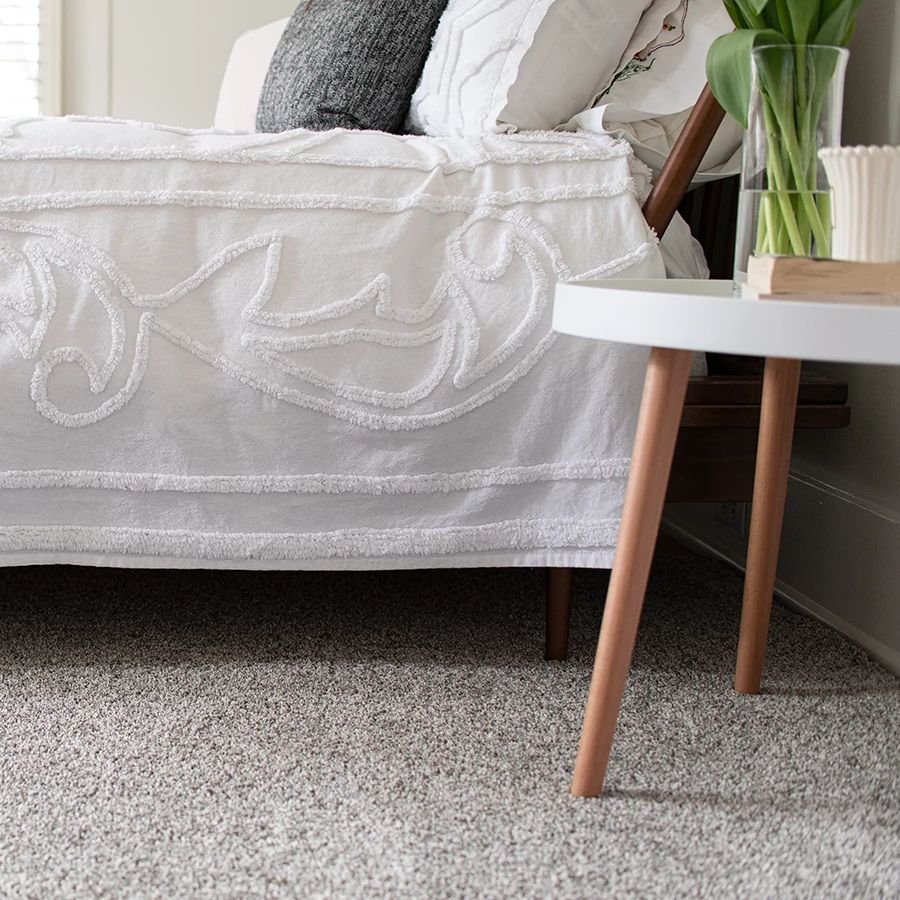 Bedroom with gray carpet from Pritchett's Flooring Design Center in the Colonial Heights, VA area