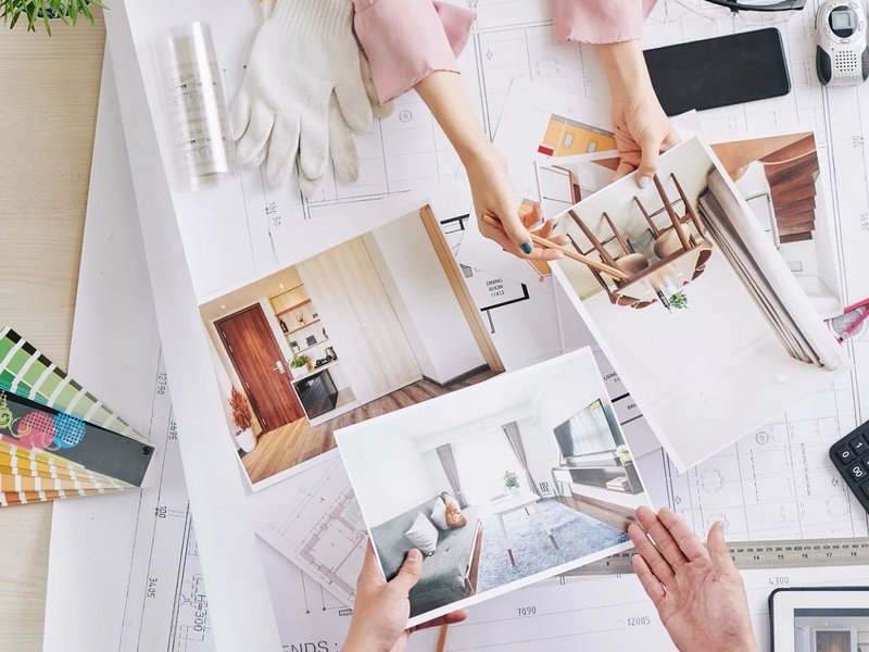 people looking at designs on a desk - Pritchett's Flooring Design Center in the Colonial Heights, VA area